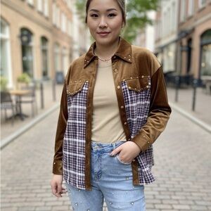 Anthropologie Brown Plaid Button-Up Shirt with Studded Pockets